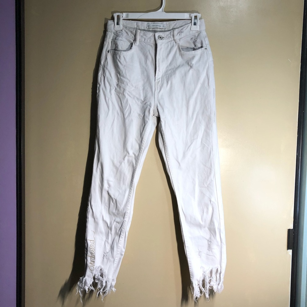zara trafaluc high waisted white denim jeans